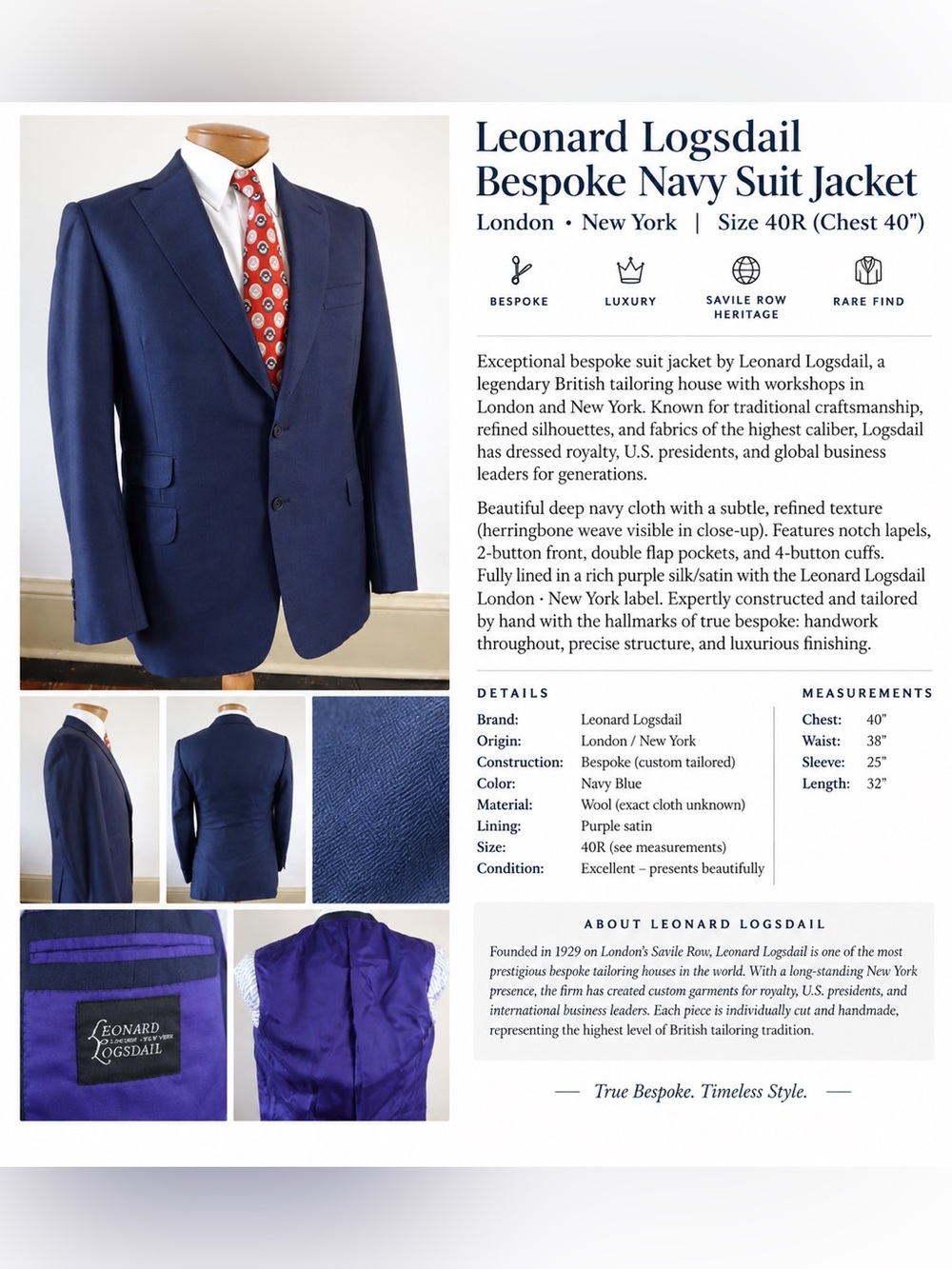 Leonard Logsdail Bespoke Navy Wool Suit Jacket Blazer 40R